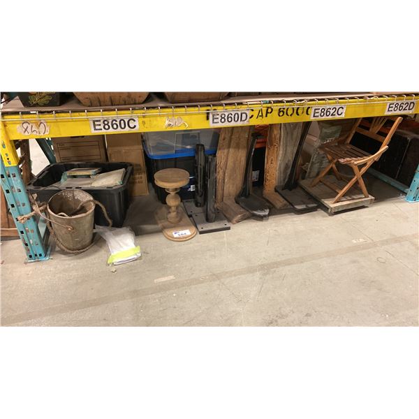 SHELF OF ASSORTED SET DEC ITEMS INCLUDING WINDCHIMES, WOODEN STANDS, ASSORTED SHOES, WICKER BAGS,