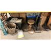 Image 2 : SHELF OF ASSORTED SET DEC ITEMS INCLUDING WINDCHIMES, WOODEN STANDS, ASSORTED SHOES, WICKER BAGS,