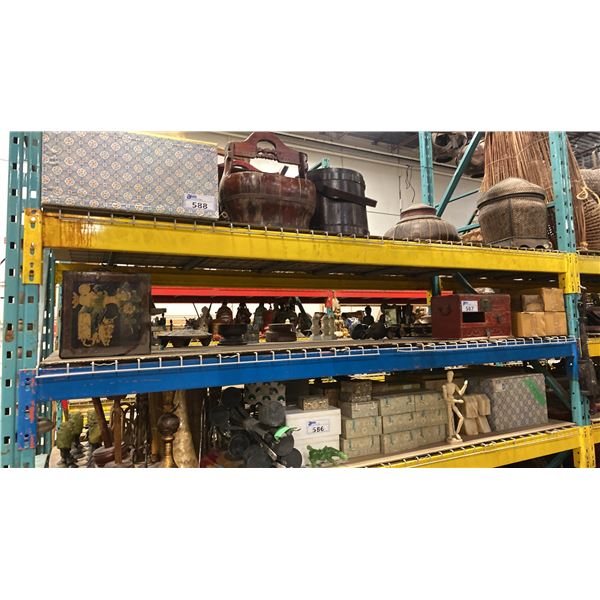 SHELF OF ASSORTED SET DEC ITEMS INCLUDING CANDLE STANDS, DECORATIVE ITEMS, JEWELRY BOX & MORE