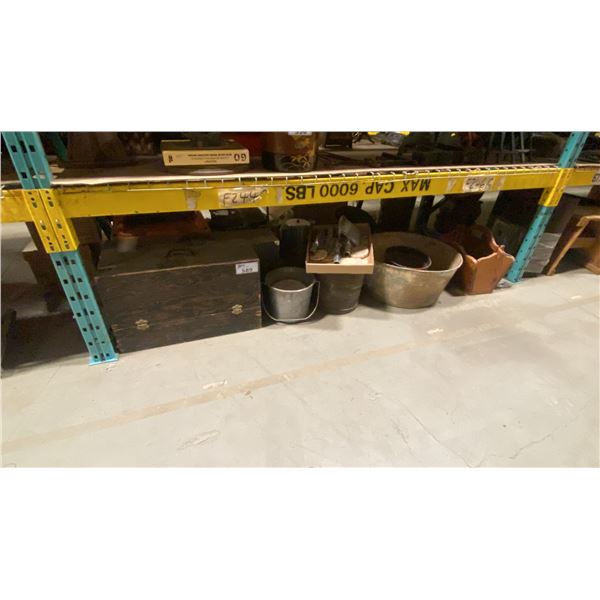 SHELF OF ASSORTED WOODEN BOXES, METAL PAILS & DECORATIVE ITEMS