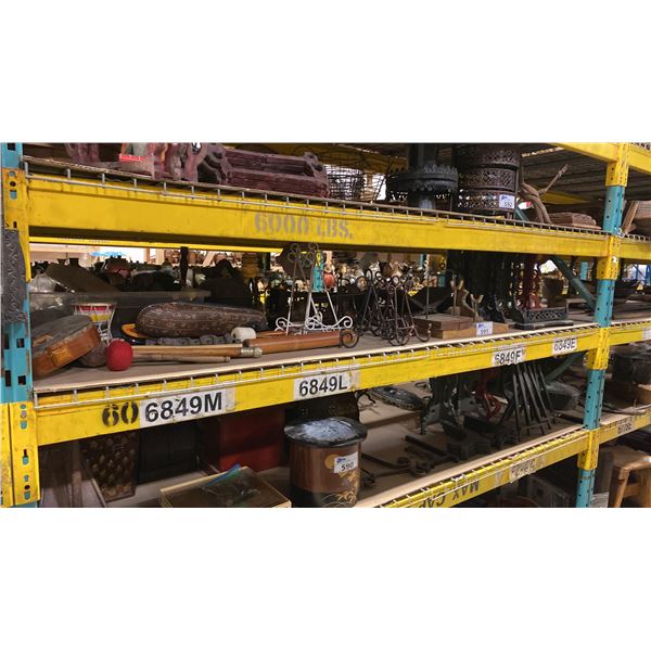 SHELF OF ASSORTED DISPLAY STANDS, ASSORTED INSTRUMENTS, LARGE COLLECTION OF BELLS & DECOR ITEMS