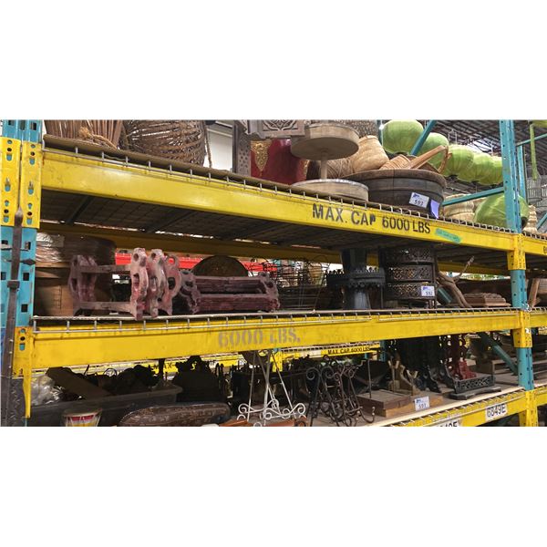SHELF OF ASSORTED DISPLAY STANDS, WICKER/WIRE BASKETS & DECOR ITEMS