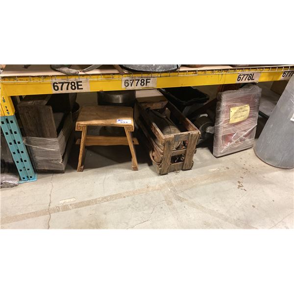 SHELF OF ASSORTED PROP WEAPONS, WOODEN STOOL, CRATE & MORE