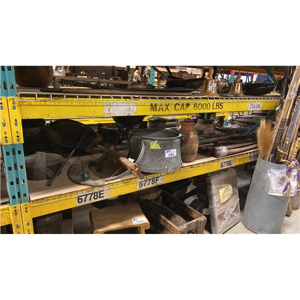 SHELF OF ASSORTED PROP WEAPONS, COOKING POTS & DECOR ITEMS