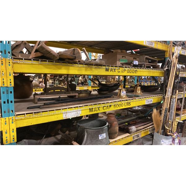 SHELF OF PROP SWORDS, COOKING PANS, BELLS & DECOR ITEMS