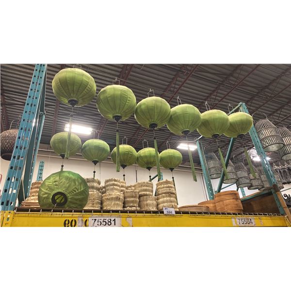 SHELF OF ASSORTED RUSTIC DECORATIVE BASINS, ANIMAL PELT, FAUX COBBLESTONE, SET DEC BONES & MORE