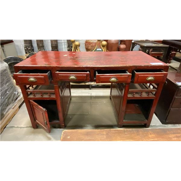 HARDWOOD WITH METAL ACCENTS ASIAN PAINTED RED RUSTIC DESK