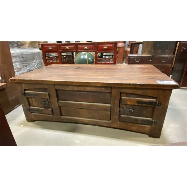 HARDWOOD WITH METAL ACCENTS RUSTIC COFFEE TABLE WITH DRAWERS & CUPBOARDS ON BOTH SIDES