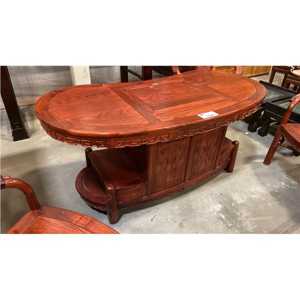 CARVED HARDWOOD TRADITIONAL ASIAN DESK WITH 3 CHAIRS