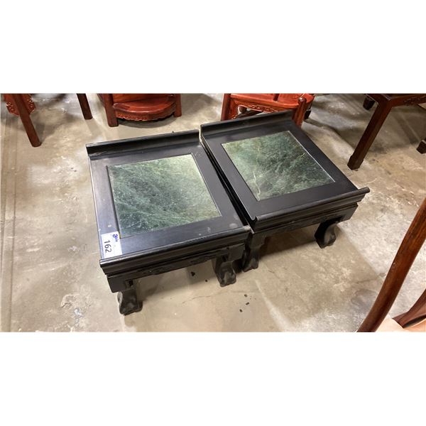 PAIR OF BLACK FINISH HARDWOOD WITH GREEN MARBLE INSERTS END TABLES
