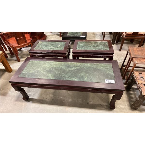 3 PC BLACK FINISH HARDWOOD WITH GREEN MARBLE INSERTS END TABLES & COFFEE TABLE
