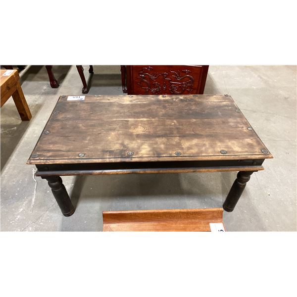 RUSTIC HARDWOOD COFFEE TABLE WITH METAL ACCENTS