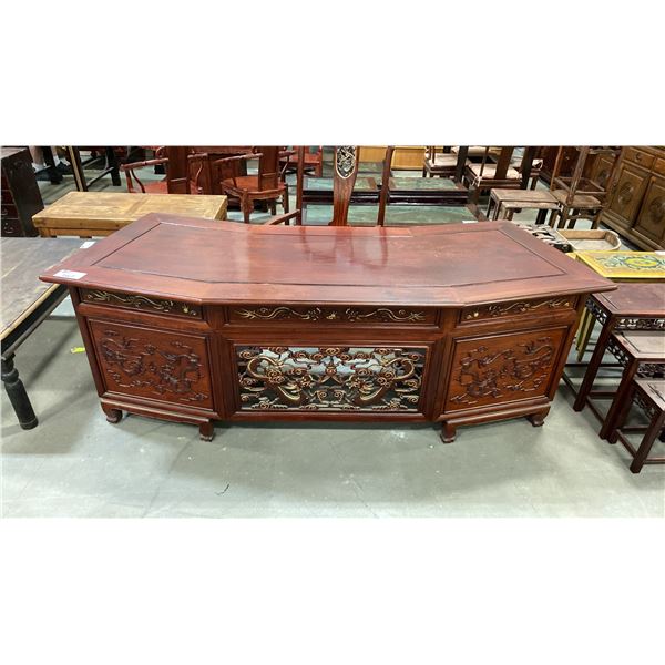 HEAVILY CARVED HARDWOOD ASIAN EXECUTIVE DESK WITH DRAGON MOTIF