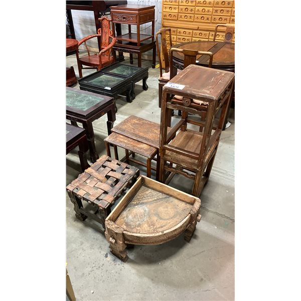 6 PCS OF ASSORTED PLANT STANDS, SMALL SIDE TABLES & LEATHER BANDED STOOL