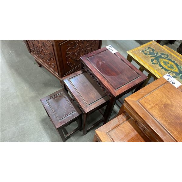 CARVED MAHOGANY 3 PC NESTING TABLE SET