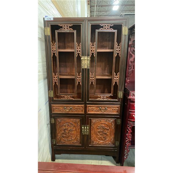 CHINESE HEAVILY CARVED WOODEN DISPLAY CABINET *GLASS INSERT PANELS FOR DOORS MISSING*