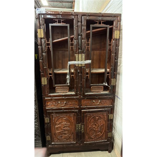 CARVED HARDWOOD ASIAN CABINET *MISSING GLASS DOOR INSERTS*