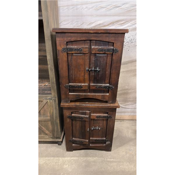 PAIR OF HARDWOOD WITH METAL ACCENTS SIDE TABLES WITH SLIDE LOCKING CABINETS