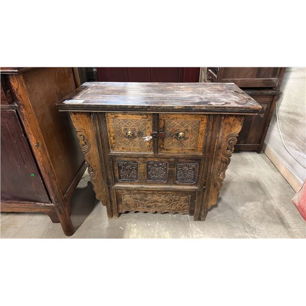 CARVED HARDWOOD ASIAN 2 DRAWER CABINET WITH FLOWER MOTIF *DRAWERS NEED REPAIR*
