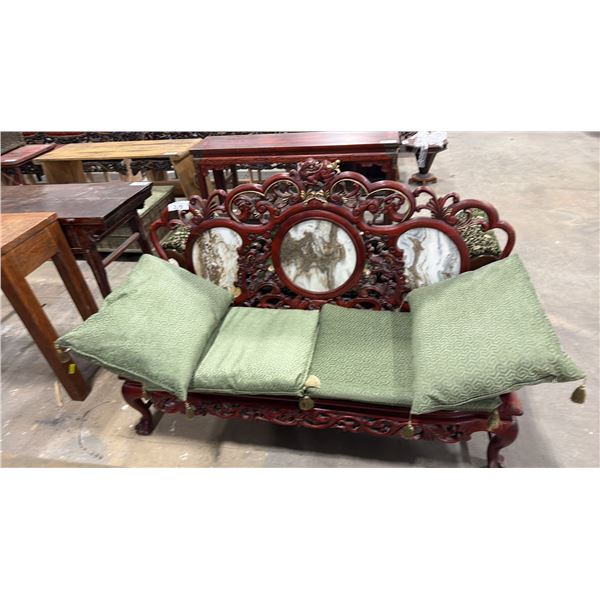 HEAVILY CARVED ASIAN BENCH WITH MARBLE INSERTS & DRAGON MOTIF