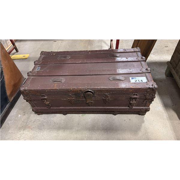 SMALL WOODEN ANTIQUE STEAMER TRUNK WITH METAL ACCENTS