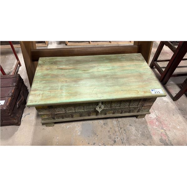 PAINTED GREEN WOODEN STEAMER TRUNK WITH METAL ACCENTS