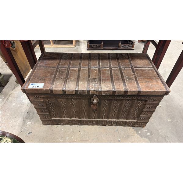 RUSTIC ANTIQUE WOODEN STEAMER TRUNK WITH IRON ACCENTS