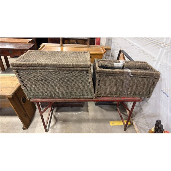 RUSTIC RED WOODEN/ METAL FOLDING TABLE WITH 2 WICKER STORAGE BASKETS