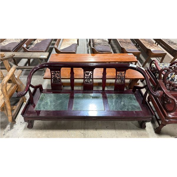 HEAVILY CARVED HARDWOOD ASIAN BENCH WITH GREEN MARBLE INSERTS & FLOWER MOTIF