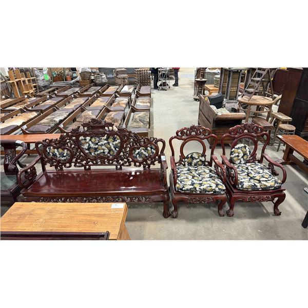 3 PC SET OF HEAVILY CARVED HARDWOOD ASIAN BENCH AND 2 ARMCHAIRS WITH  UPHOLSTERED BACK INSERTS
