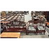 Image 1 : 3 PC SET OF HEAVILY CARVED HARDWOOD ASIAN BENCH AND 2 ARMCHAIRS WITH  UPHOLSTERED BACK INSERTS
