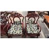 Image 2 : 3 PC SET OF HEAVILY CARVED HARDWOOD ASIAN BENCH AND 2 ARMCHAIRS WITH  UPHOLSTERED BACK INSERTS