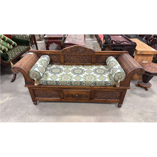 ANTIQUE CARVED WOODEN BENCH SEAT WITH DRAWER