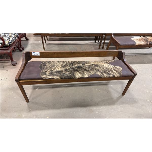 APPROX 59" ANIMAL HIDE UPHOLSTERED WOODEN BENCH SEAT