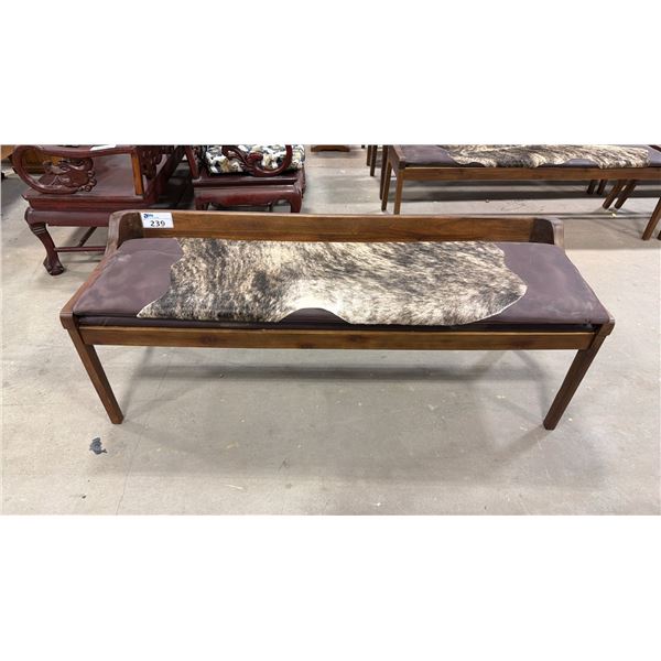APPROX 59" ANIMAL HIDE UPHOLSTERED WOODEN BENCH SEAT
