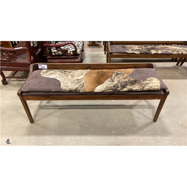 APPROX 59" ANIMAL HIDE UPHOLSTERED WOODEN BENCH SEAT