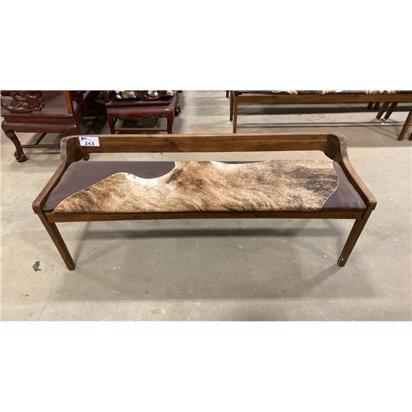 APPROX 59" ANIMAL HIDE UPHOLSTERED WOODEN BENCH SEAT
