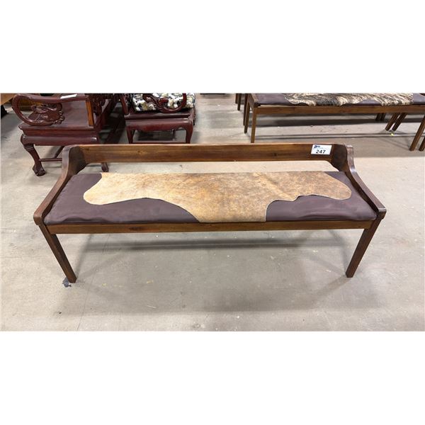 APPROX 59" ANIMAL HIDE UPHOLSTERED WOODEN BENCH SEAT