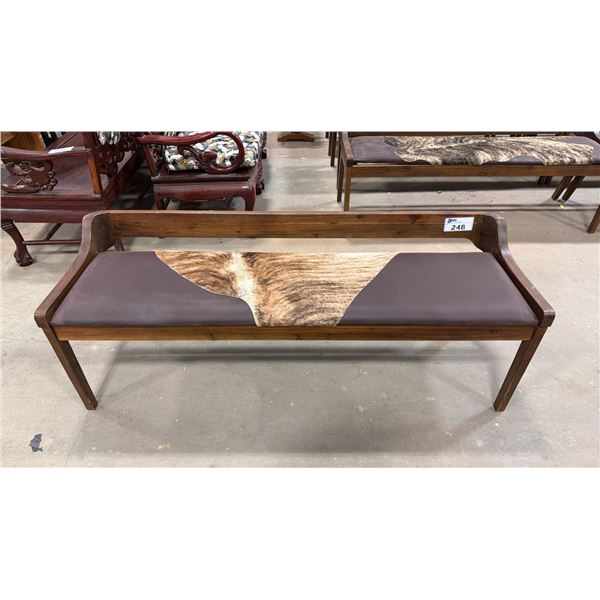 APPROX 59" ANIMAL HIDE UPHOLSTERED WOODEN BENCH SEAT