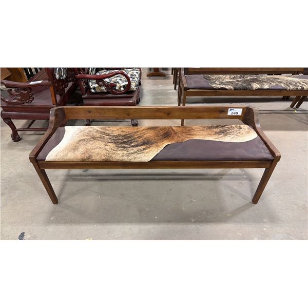 APPROX 59" ANIMAL HIDE UPHOLSTERED WOODEN BENCH SEAT