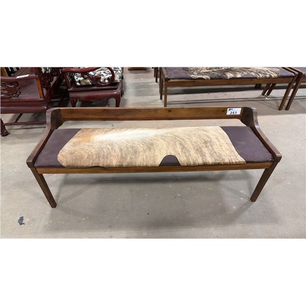 APPROX 59" ANIMAL HIDE UPHOLSTERED WOODEN BENCH SEAT
