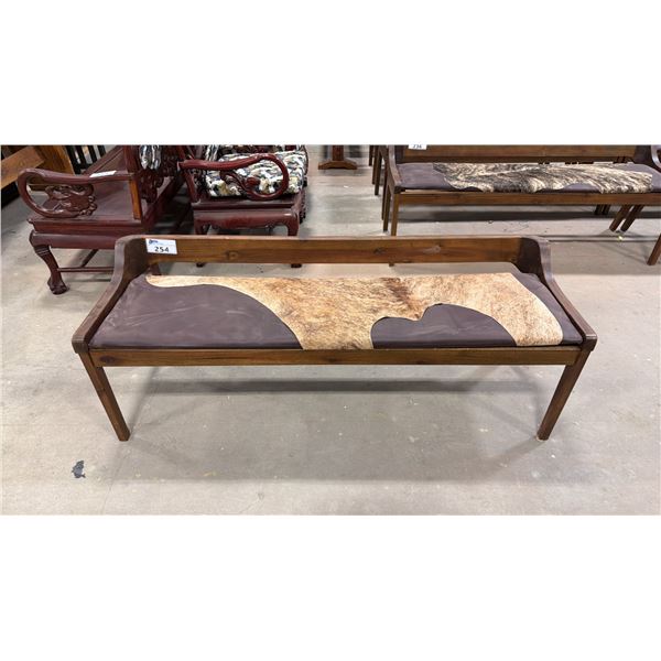 APPROX 59" ANIMAL HIDE UPHOLSTERED WOODEN BENCH SEAT