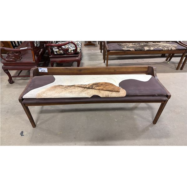 APPROX 59" ANIMAL HIDE UPHOLSTERED WOODEN BENCH SEAT