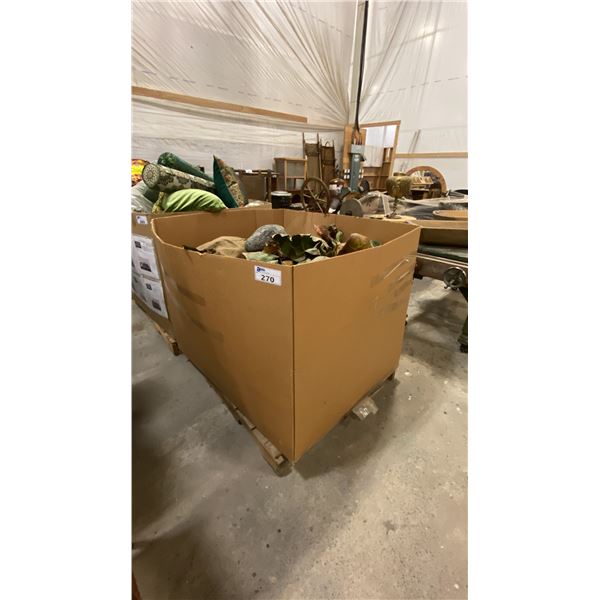 PALLET OF FAUX VEGETABLES, ROCKS & BURLAP SACKS