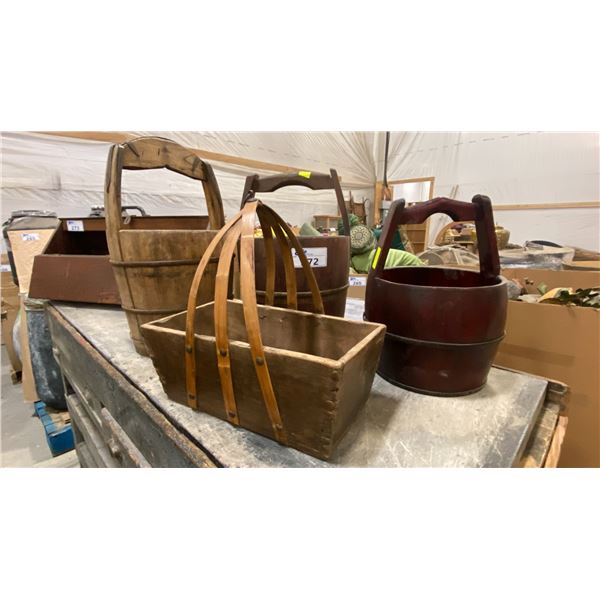 GROUP OF 3 PRIMITIVE WOODEN WATER BUCKETS & DOVETAILED  PICNIC BASKET