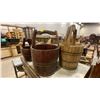 Image 2 : GROUP OF 3 PRIMITIVE WOODEN WATER BUCKETS & DOVETAILED  PICNIC BASKET