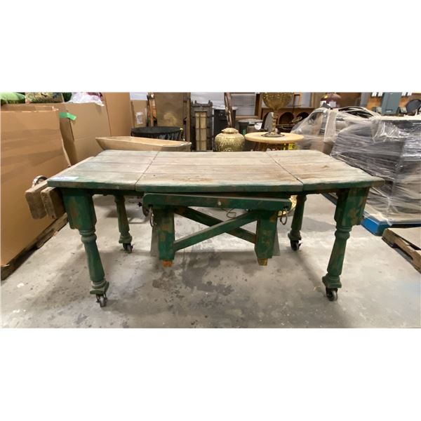 PAINTED GREEN RUSTIC WORK TABLE APPROX 5.5'L X 2.5'W X 2.7'H