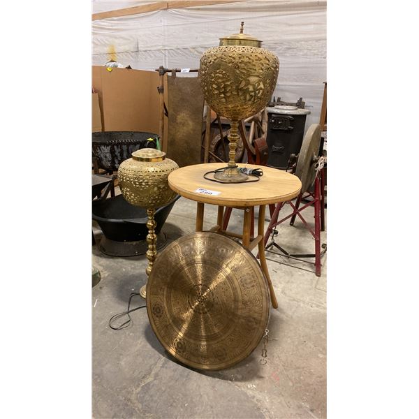 ROUND BAMBOO TABLE, BRASS ASIAN BONG, 2 LAMPS