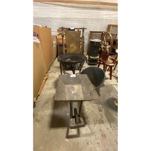 VINTAGE RUSTIC WHEELBARROW, SET DEC METAL FIRE PIT & WOOD OR COAL SCUTTLE