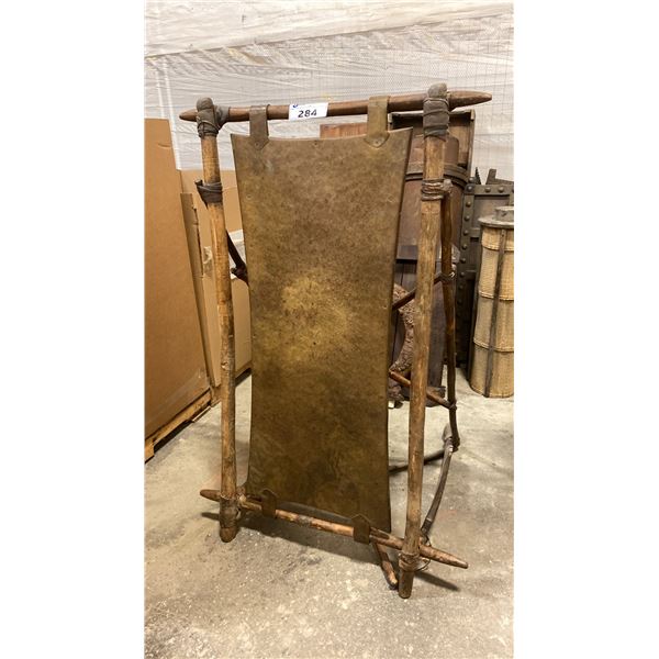 PRIMITIVE WOODEN STICK WITH BRASS PLATE REFLECTOR STAND